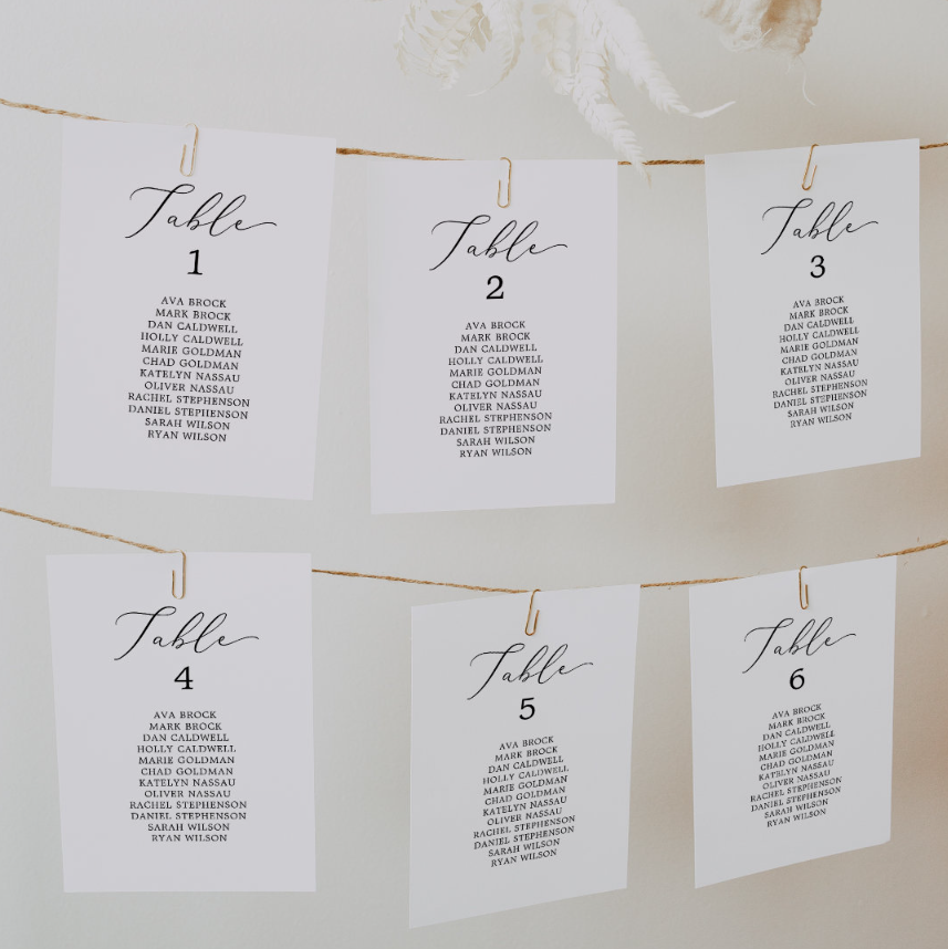Wedding Table Numbers - Elegant Script with Guest Names