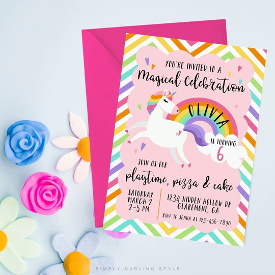 Rainbow Stripes Unicorn Birthday Invitation